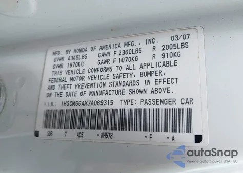 2007 Honda Accord 3.0 Se из США, поврежденный, VIN 1HGCM664X7A069315